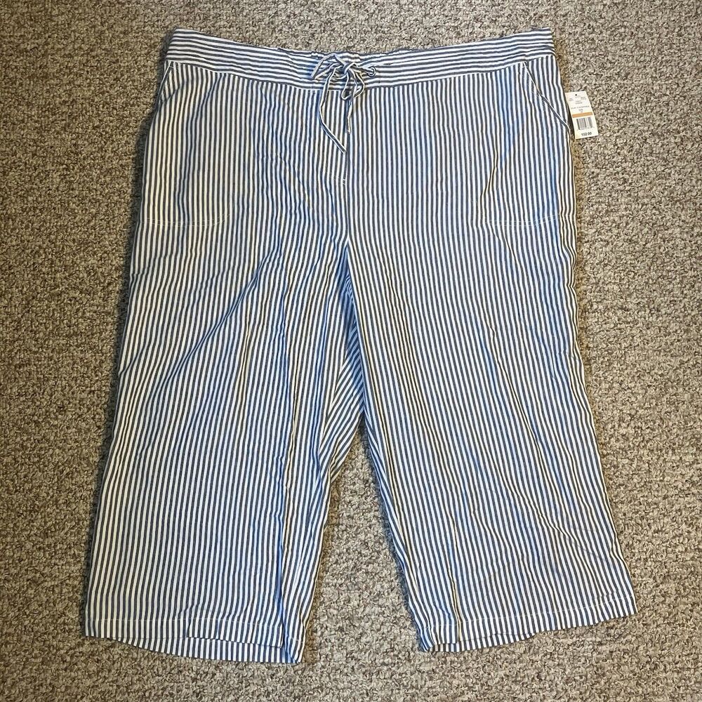 NWT Per Se Womens Linen Blend Capris Plus Size 3X Lightweight Striped Blue White